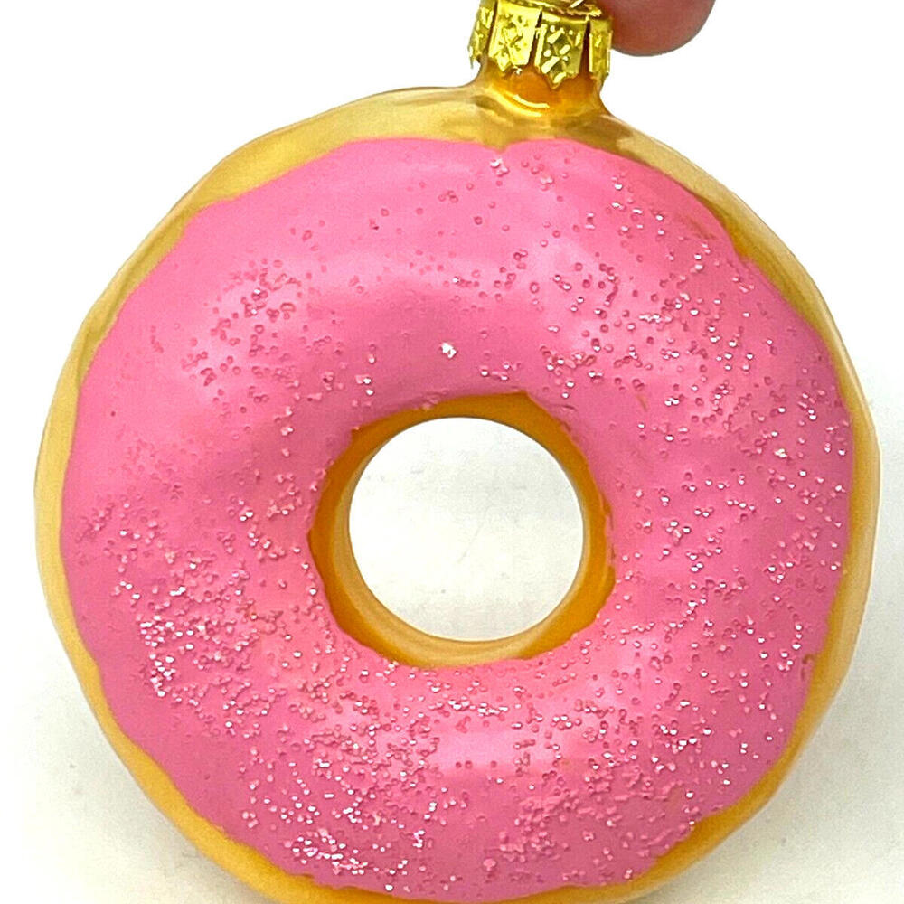 Pink Frosting Sugar Sprinkles Donut Hand Blown Glass 4" Christmas Ornament